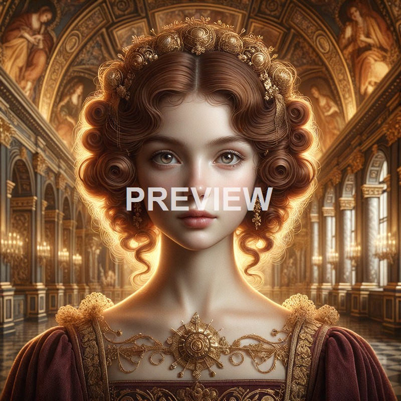 A young woman with intricately styled curly hair, adorned with a golden headpiece and jewelry, stands in an opulent, gold-accented palace hall with detailed paintings and grand windows in the background.